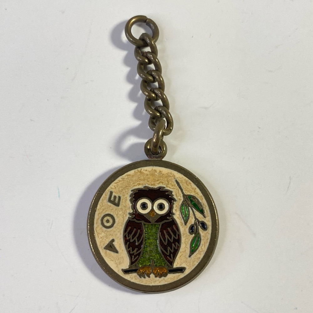 AOE Owl Enamel Brass Keychain, Athenian Coin/Olive Branch Motif